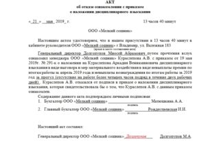 Акт об отказе подписывать приказ на увольнение